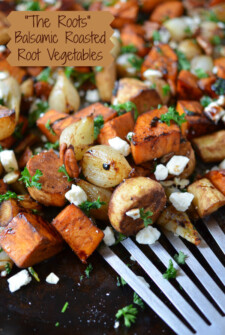 Photo of Balsamic Roasted Root Vegetables on a dark plate