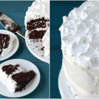 Dark Chocolate Marshmallow Cake one slices on white plates with fork and remaining cake on white cake stand