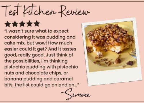 A dessert bar, reminiscent of butterscotch cake, sits on a plate with crumbs and a fork. A review praises its taste and versatility, mentioning possible variations like pistachio pudding or caramel. Four stars are shown.