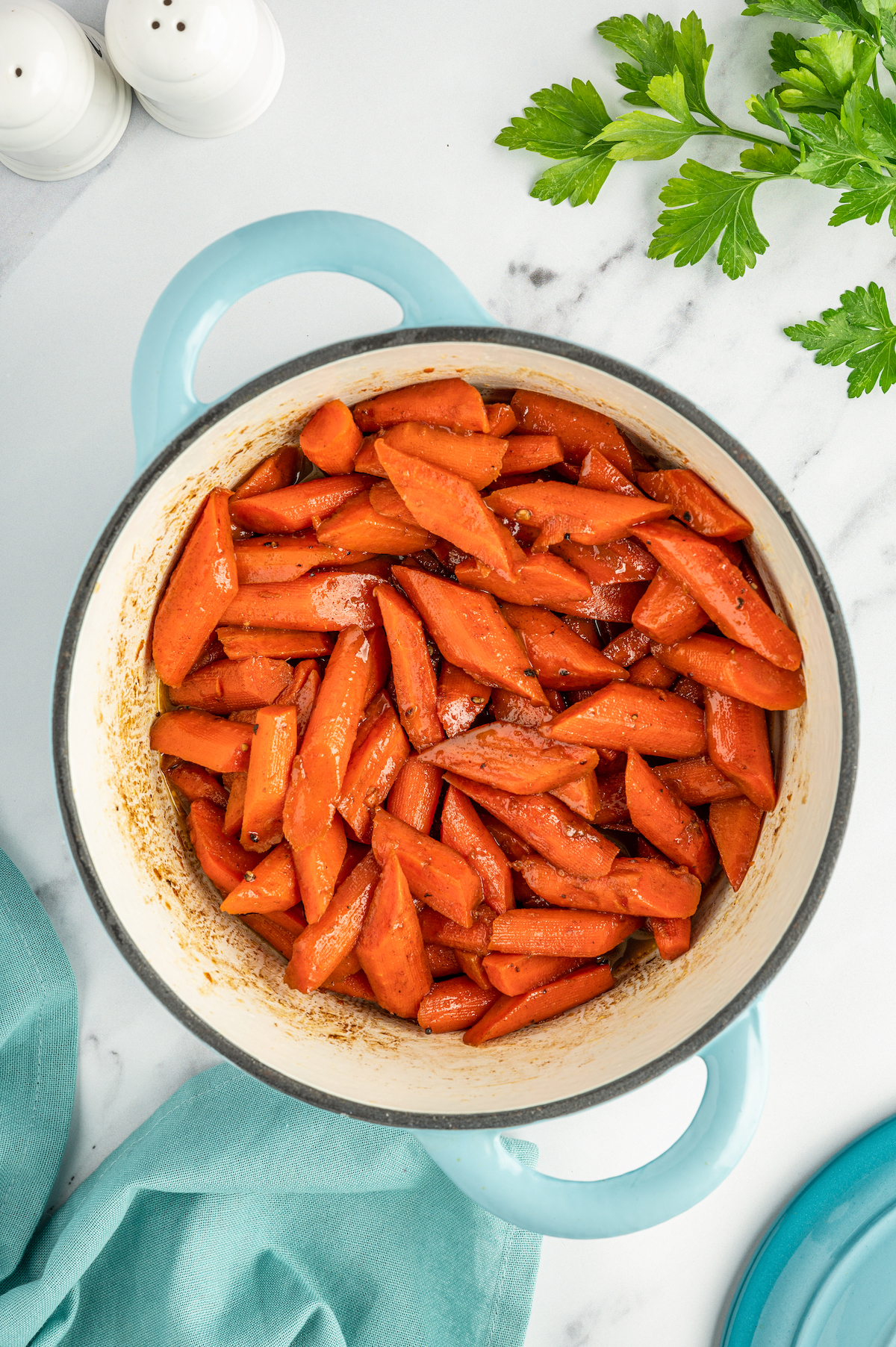Simmered carrots in a glaze-like sauce.