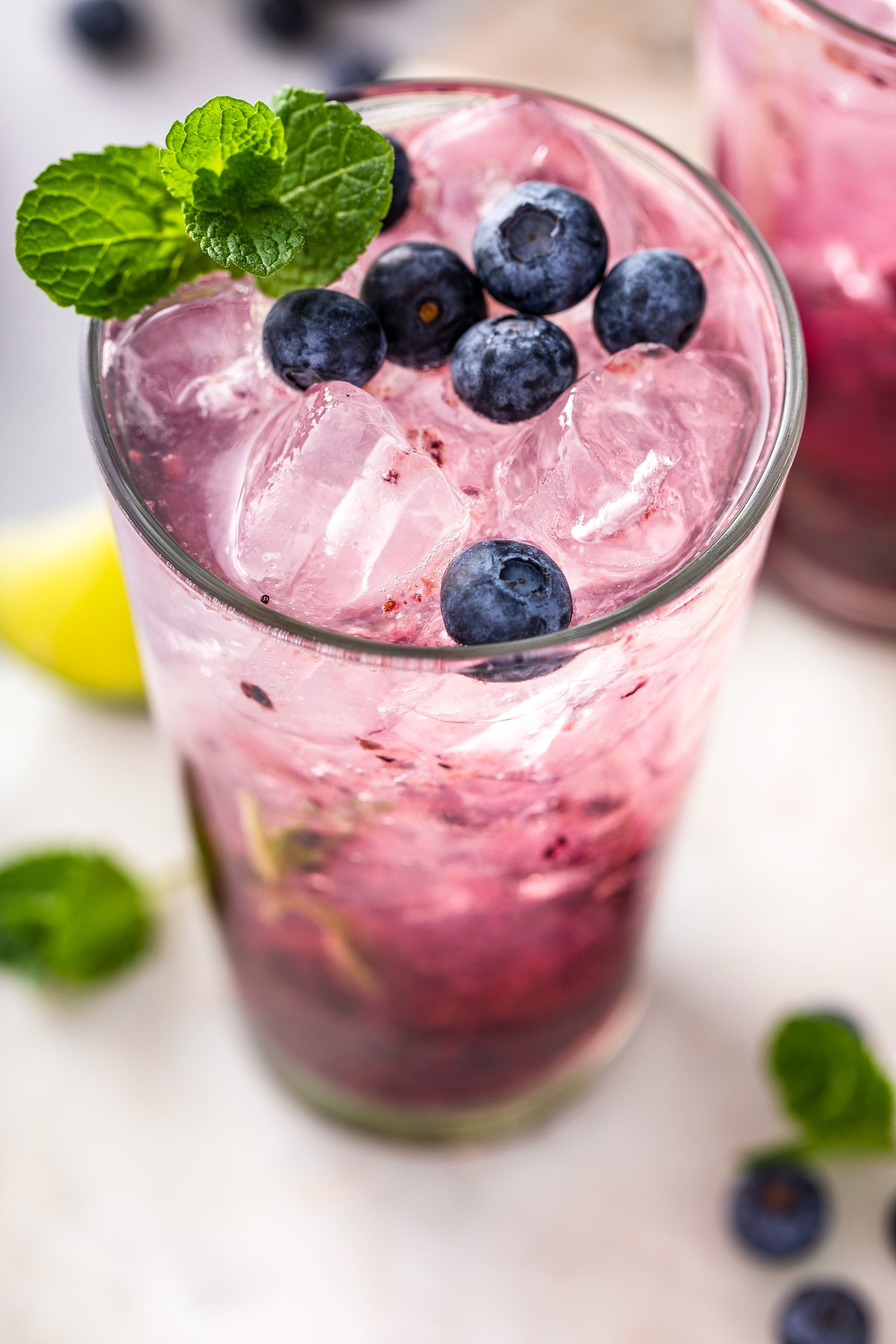 Top shot of blueberry mojito.