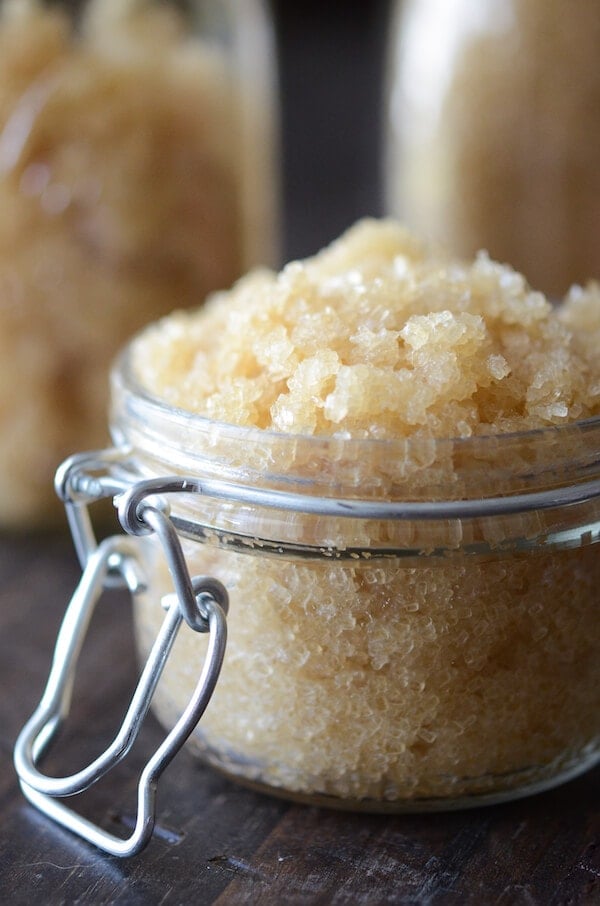 A Jar of Homemade Coconut Sugar Scrub with Vitamin E Oil