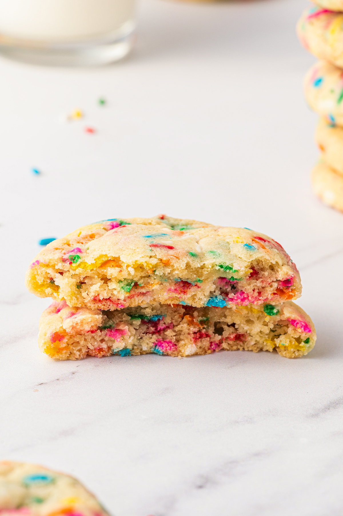 A cookie broken in half to show the texture of the interior.