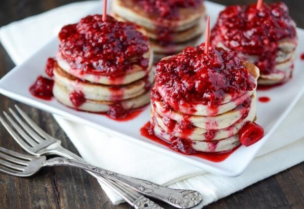 Homemade Pancakes with Raspberry Sauce from thenovicechefblog.com