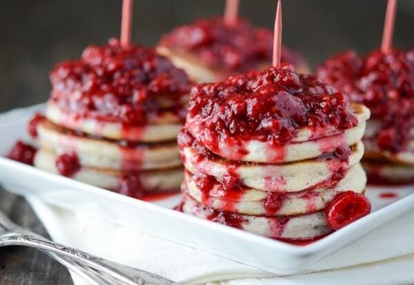 Homemade Pancakes with Raspberry Sauce from thenovicechefblog.com