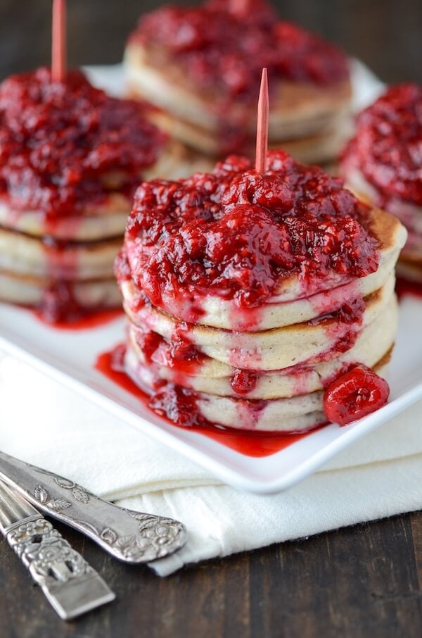 Homemade Pancakes with Raspberry Sauce from thenovicechefblog.com