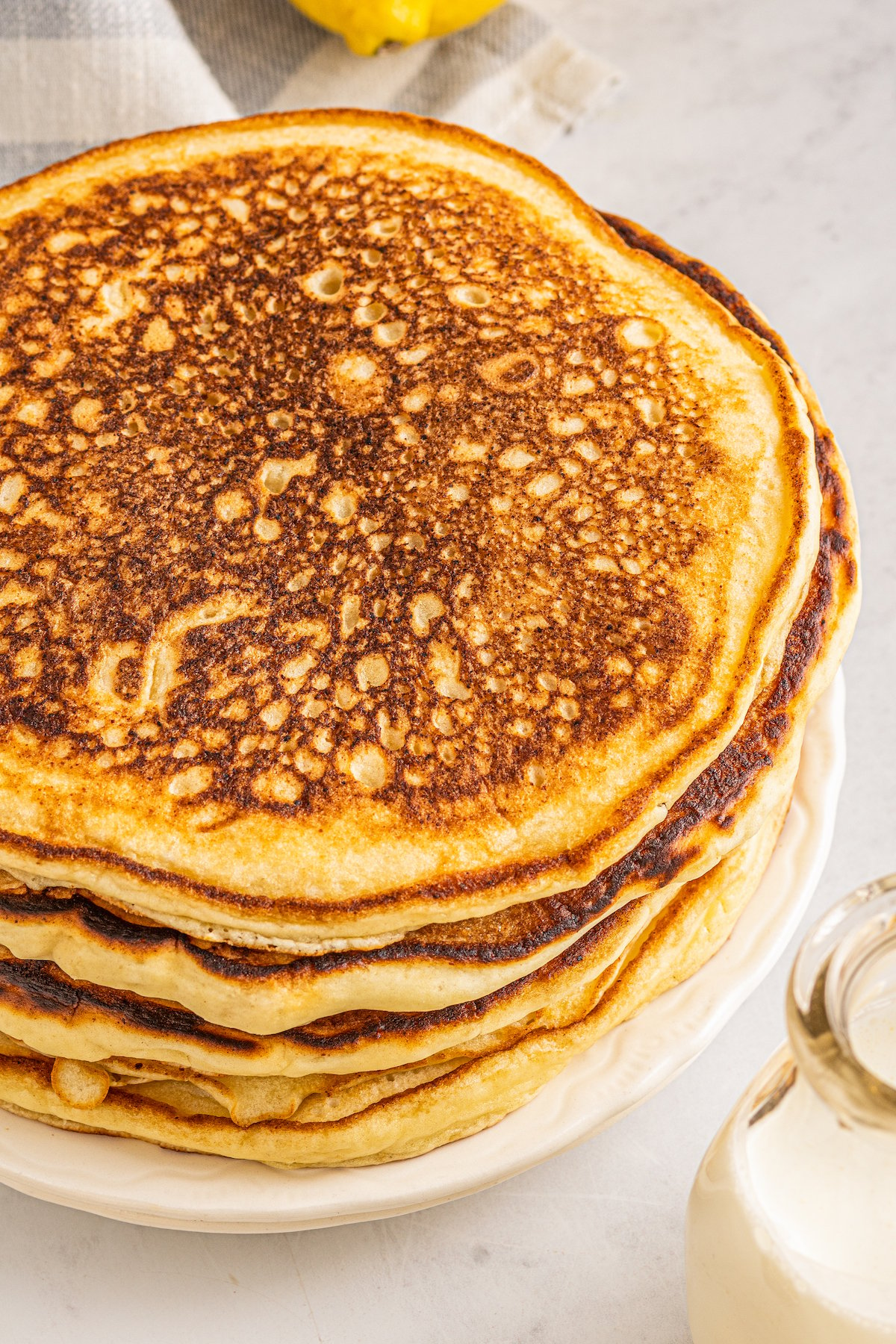 Overhead shot of cooked pancakes on a platter.