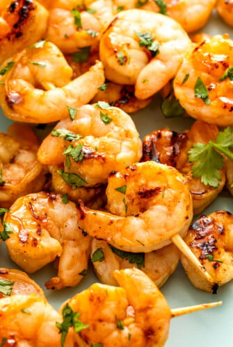 Close-up of shrimp skewers.