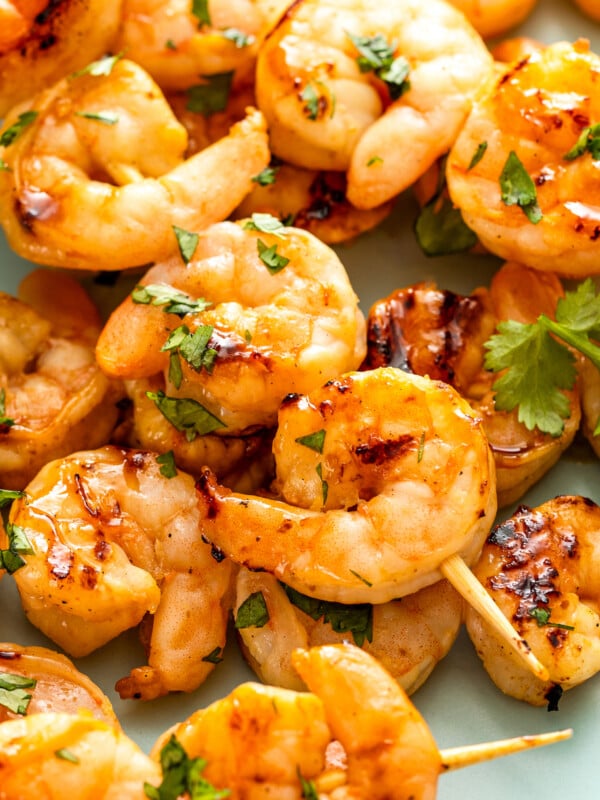 Close-up of shrimp skewers.