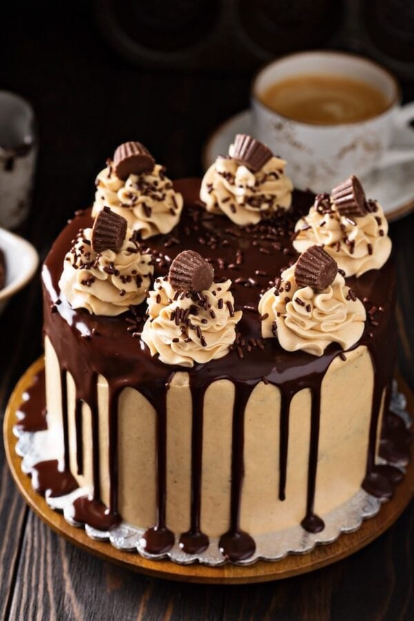 Chocolate Peanut Butter Cake on a cake plate with chocolate drizzled on top. 