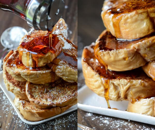 A Collage of Two Images of Homemade French Toast Topped with Maple Syrup