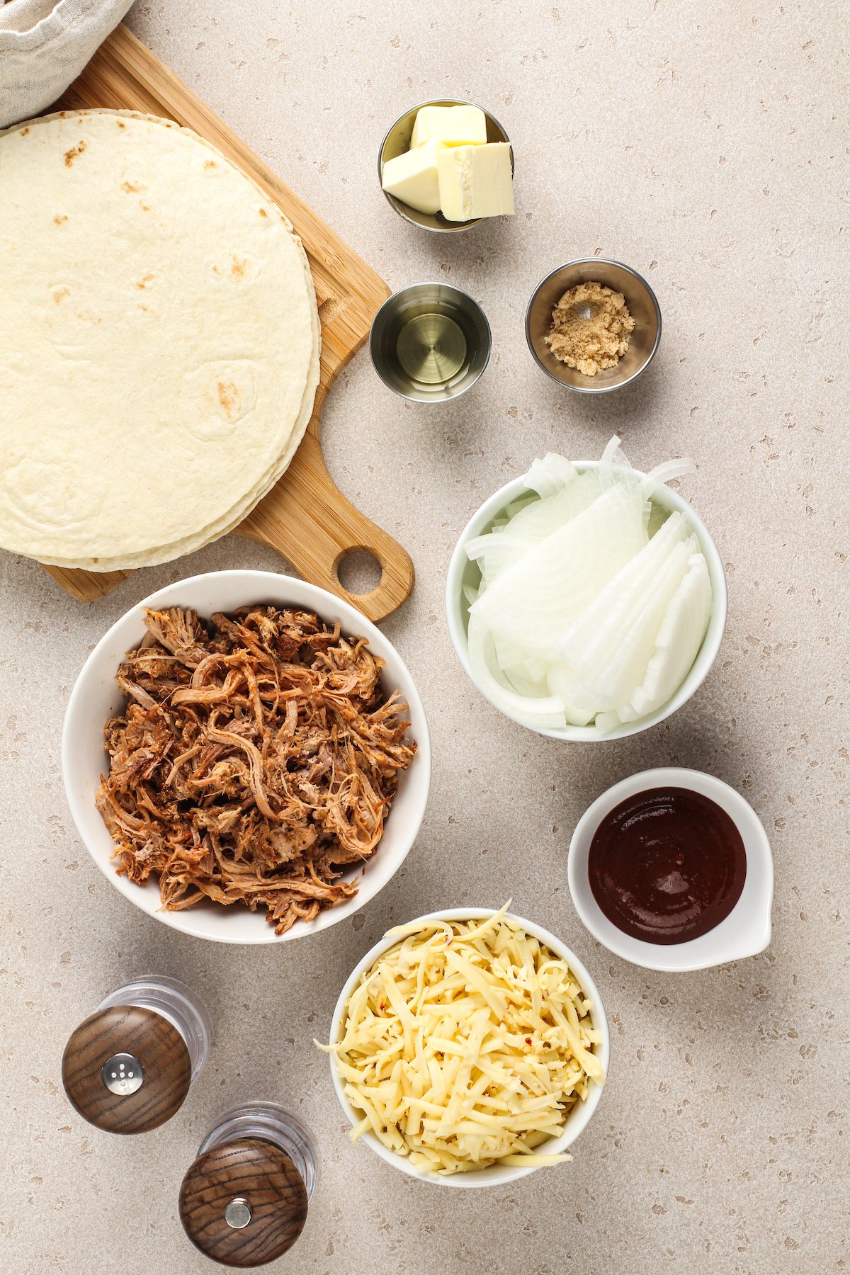 Ingredients for pulled pork quesadilla.