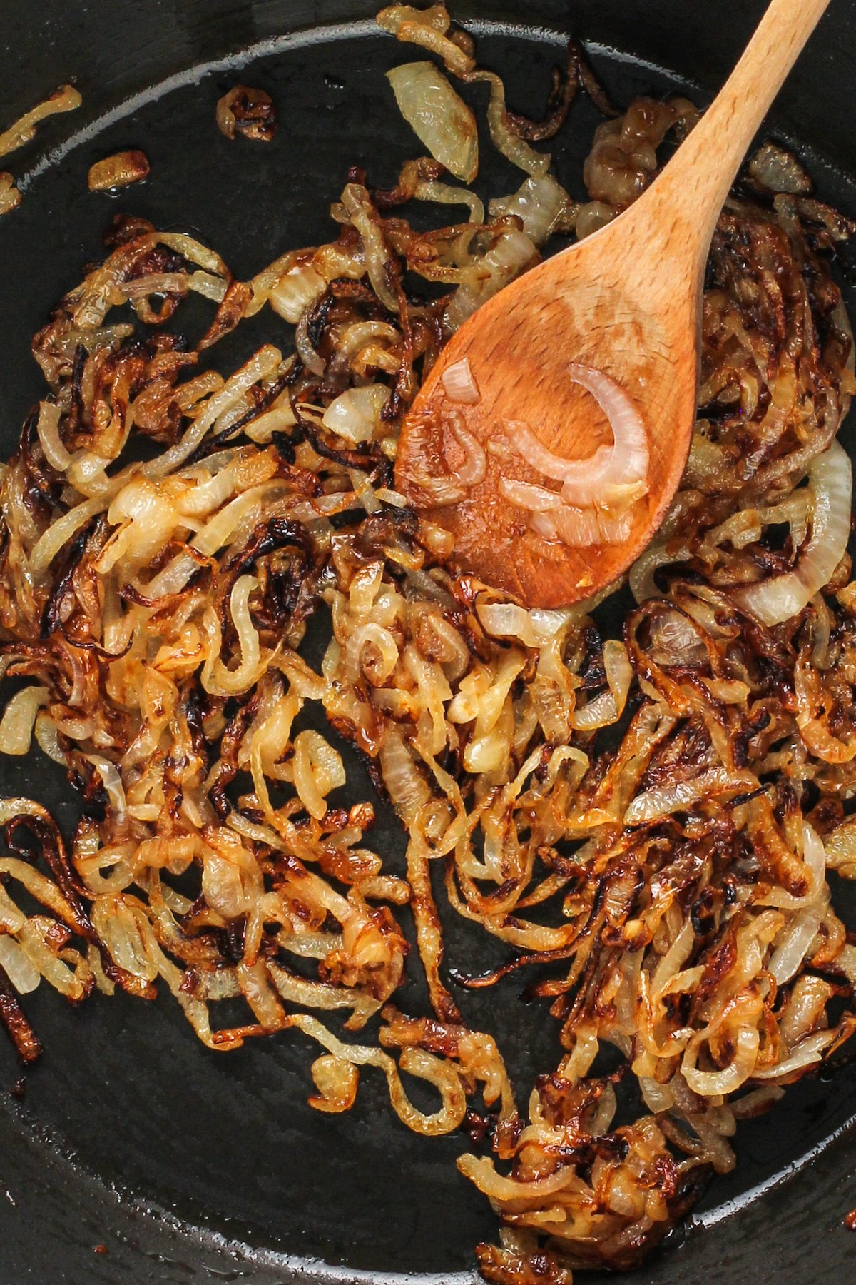 Caramelized onions in the pan.