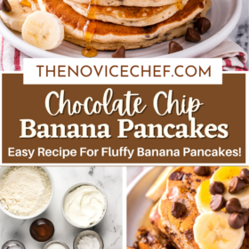 Pinterest graphic with three photos of chocolate chip banana pancakes