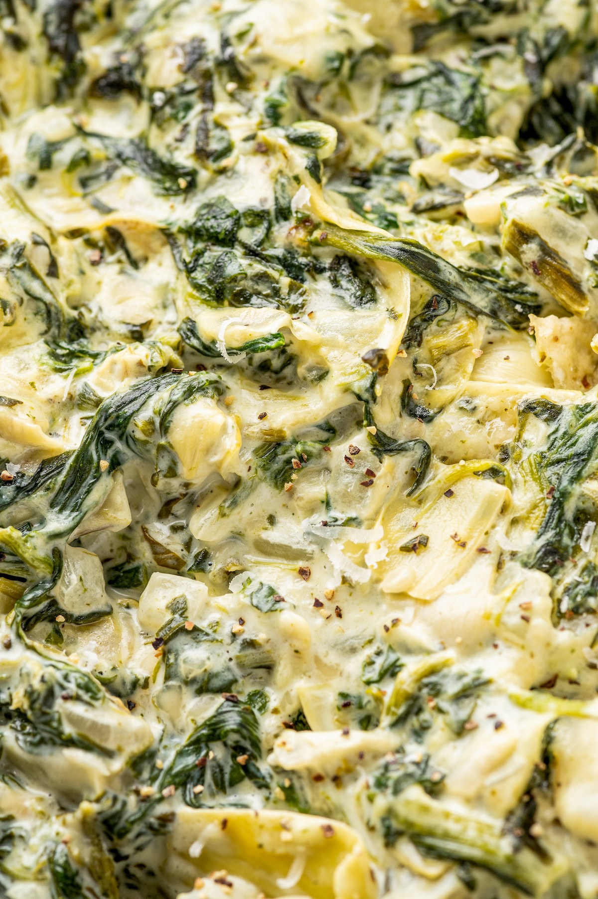 Close-up of spinach dip to show texture.