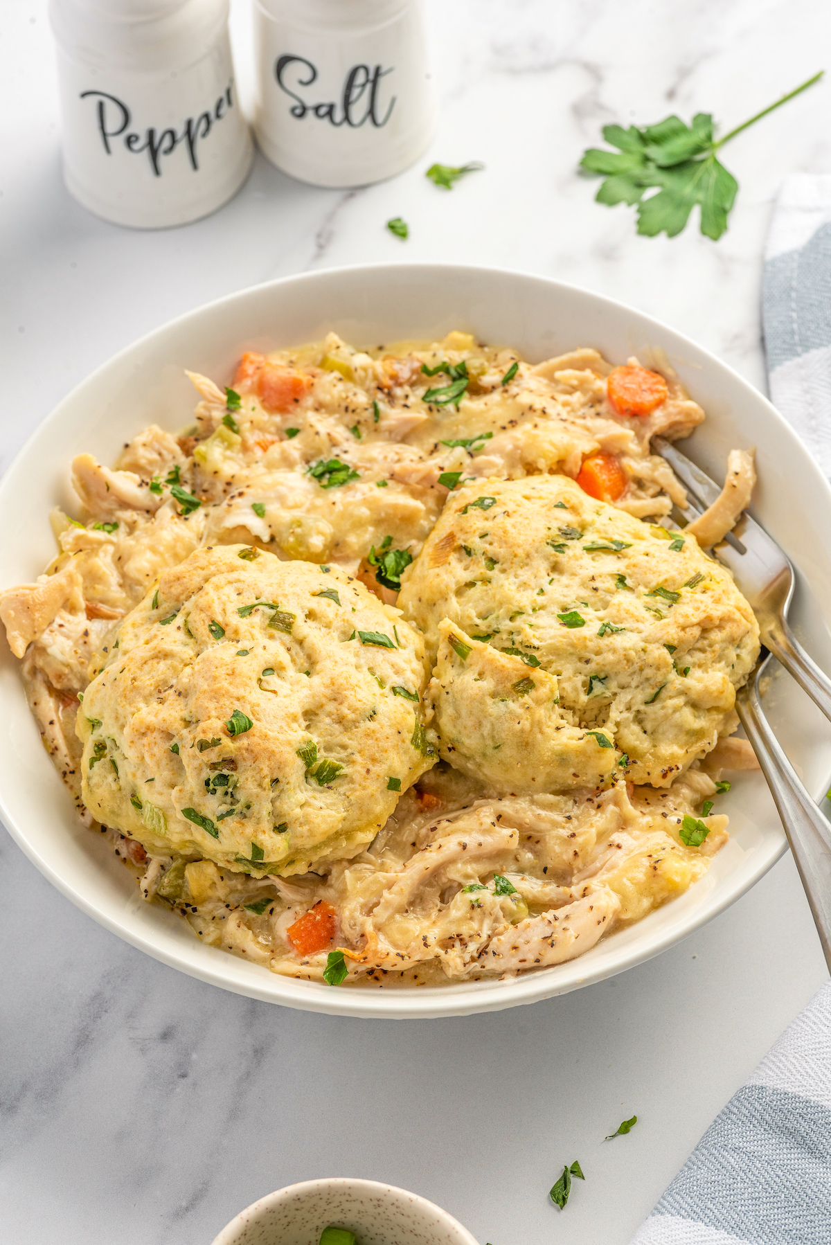 A bowl of creamy chicken and vegetables with biscuits.
