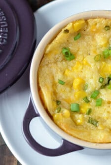 Southern Corn Pudding in a purple baking dish