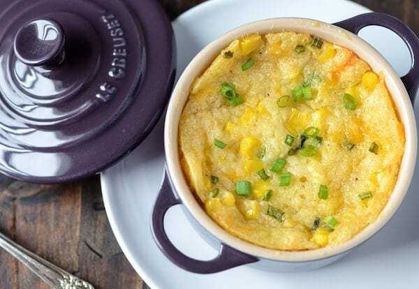 Southern Corn Pudding in a purple baking dish