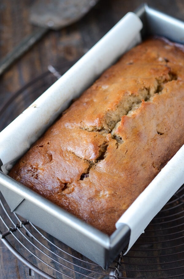 Peanut Butter Banana Chocolate Chip Bread in a loaf pan