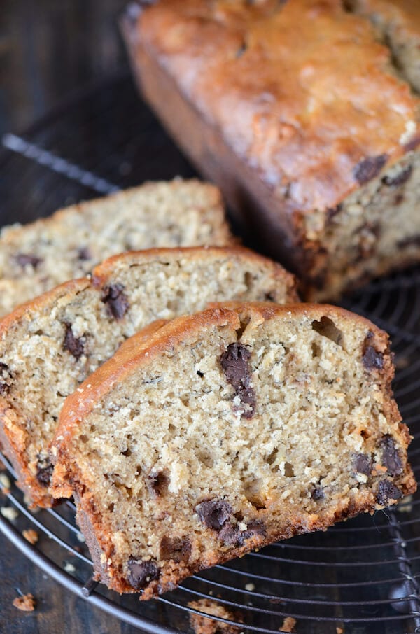 Sliced Peanut Butter Banana Chocolate Chip Bread