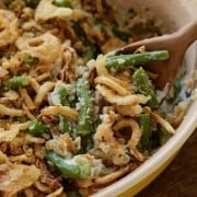 The Best Green Bean Casserole! You make your own cream of mushroom soup with portobello mushrooms and add sweet yellow onions and garlic. Then you stir in perfect fresh green beans and top it with crispy french fried onions!