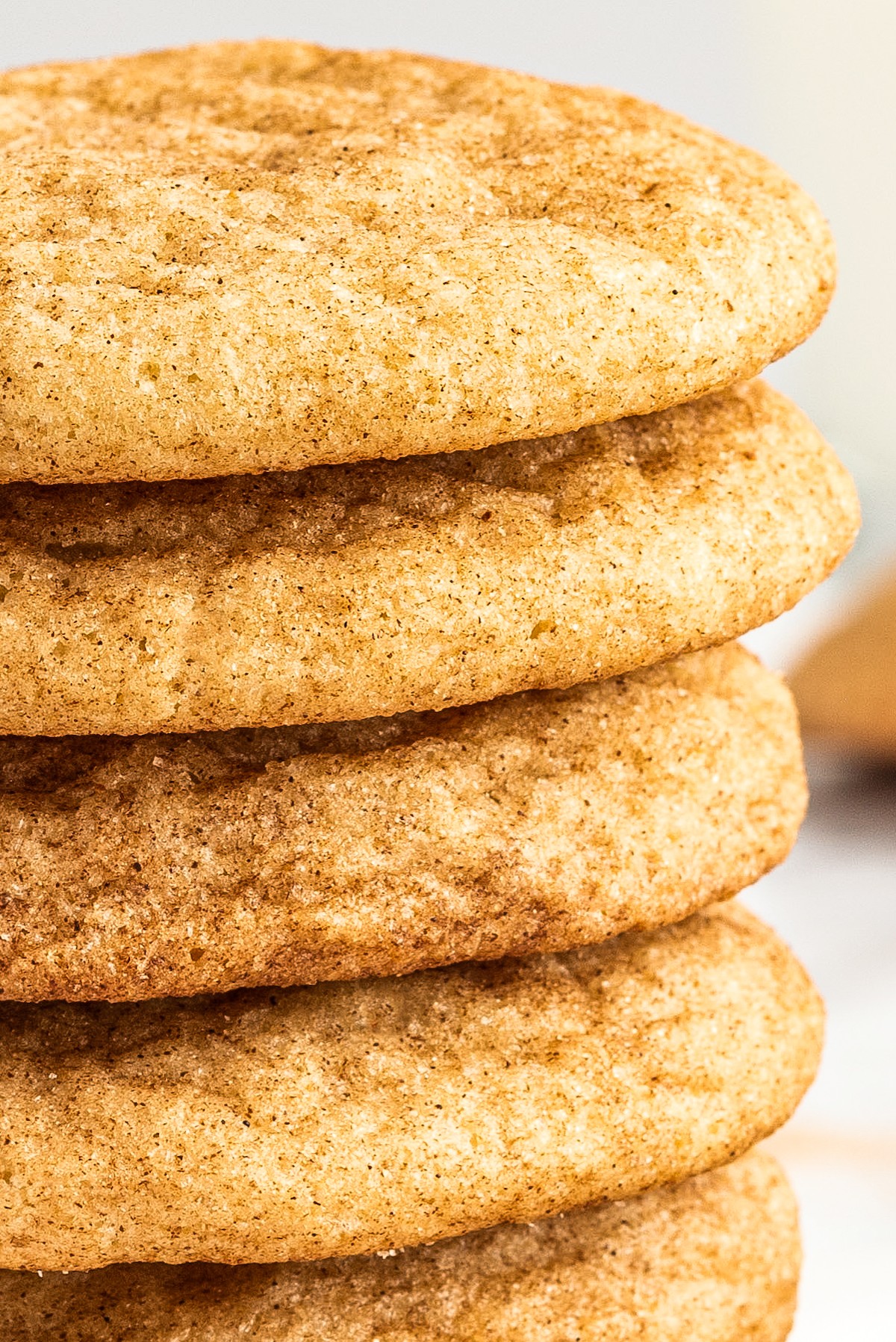 A close up of a stack of soft and chewy snickerdoodle cookies