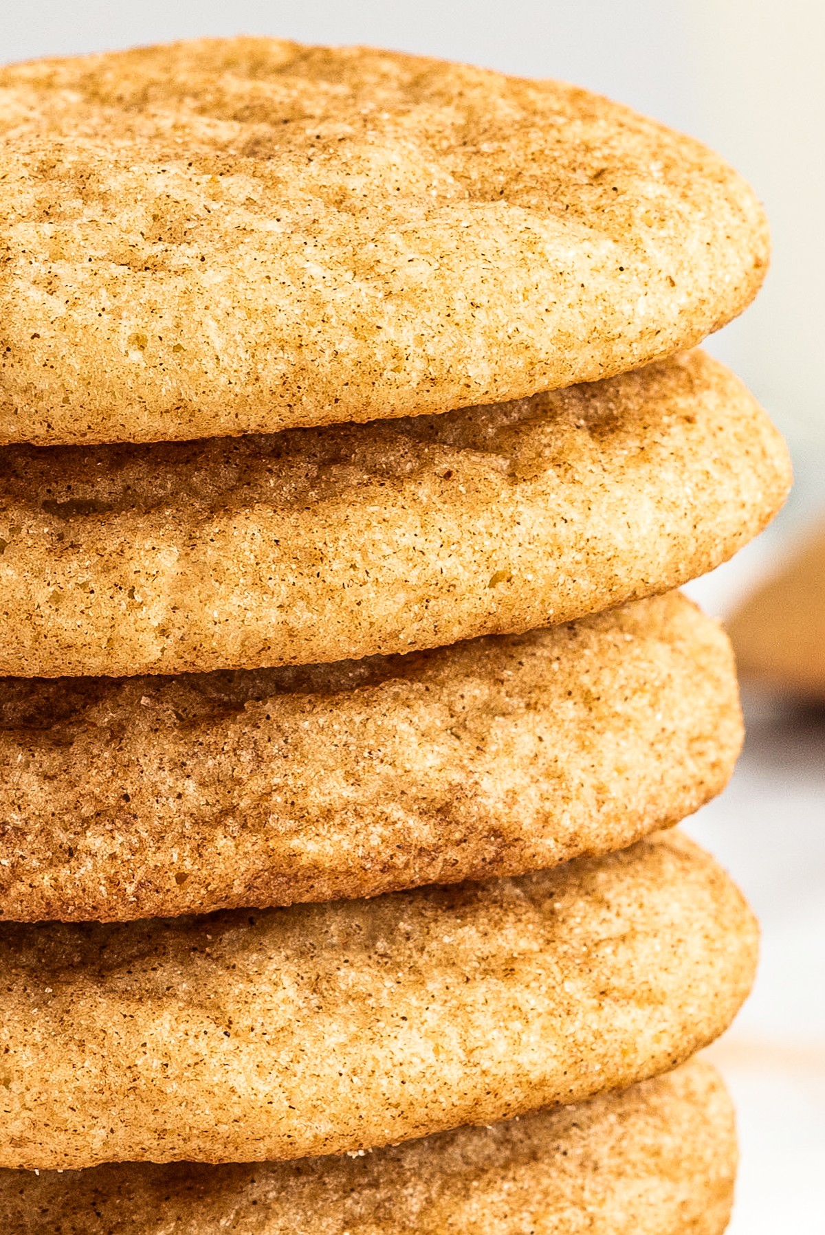 A close up of a stack of soft and chewy snickerdoodle cookies.