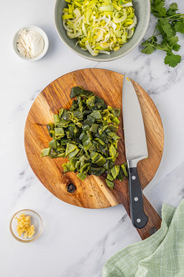 Diced poblanos on the cutting board. 