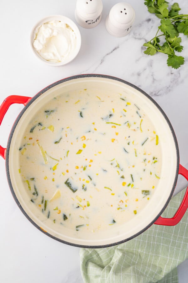 Pouring in the milk, chicken stock, and half & half to the pot. 