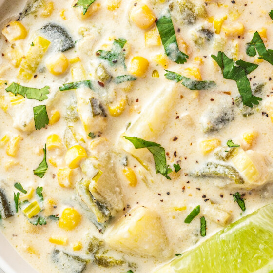 Landscape photo of poblano corn soup.