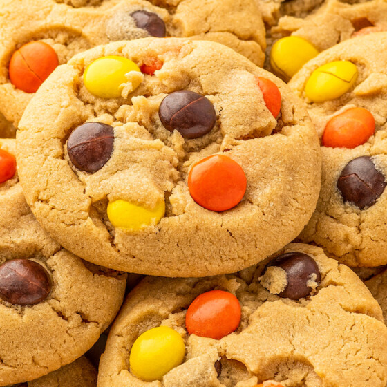 Landscape shot of homemade Reese's Pieces cookies.