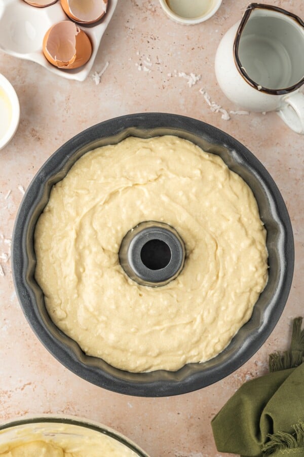 An unbaked bundt cake, ready to put into the oven.