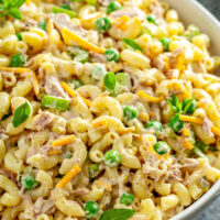 Creamy tuna macaroni salad in a bowl.