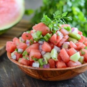 Watermelon Salsa in a wooden bowl