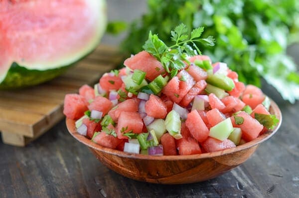 Watermelon Salsa in a wooden bowl