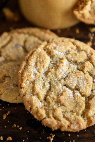 Close up of two Peanut Butter Cookies with soft centers and surrounded by crumbs