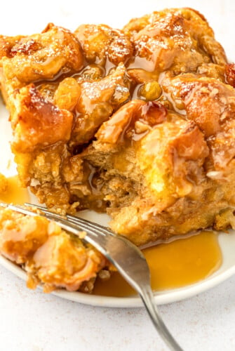 Close-up of the donut pudding with rum sauce.