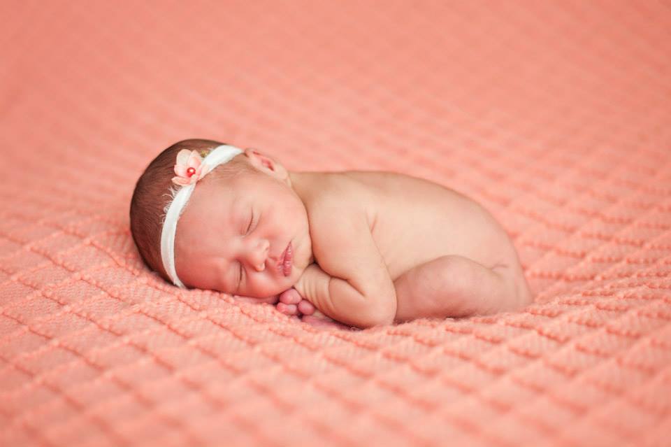 A Newborn Baby Girl Curled Up on a Light Pink Blanket with a Flower in her Hair