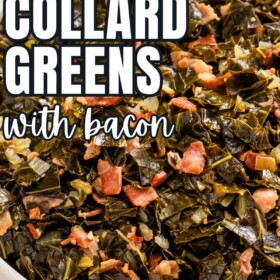 A large bowl is filled with smokey bacon and collard greens.