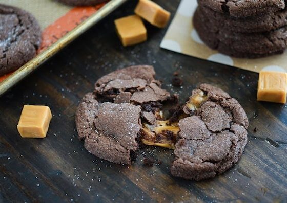 These chocolate caramel cookies are so easy to make and stuffed with cubes of caramel.