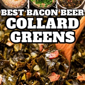 Several pictures depict the process of making beer and bacon collard greens.