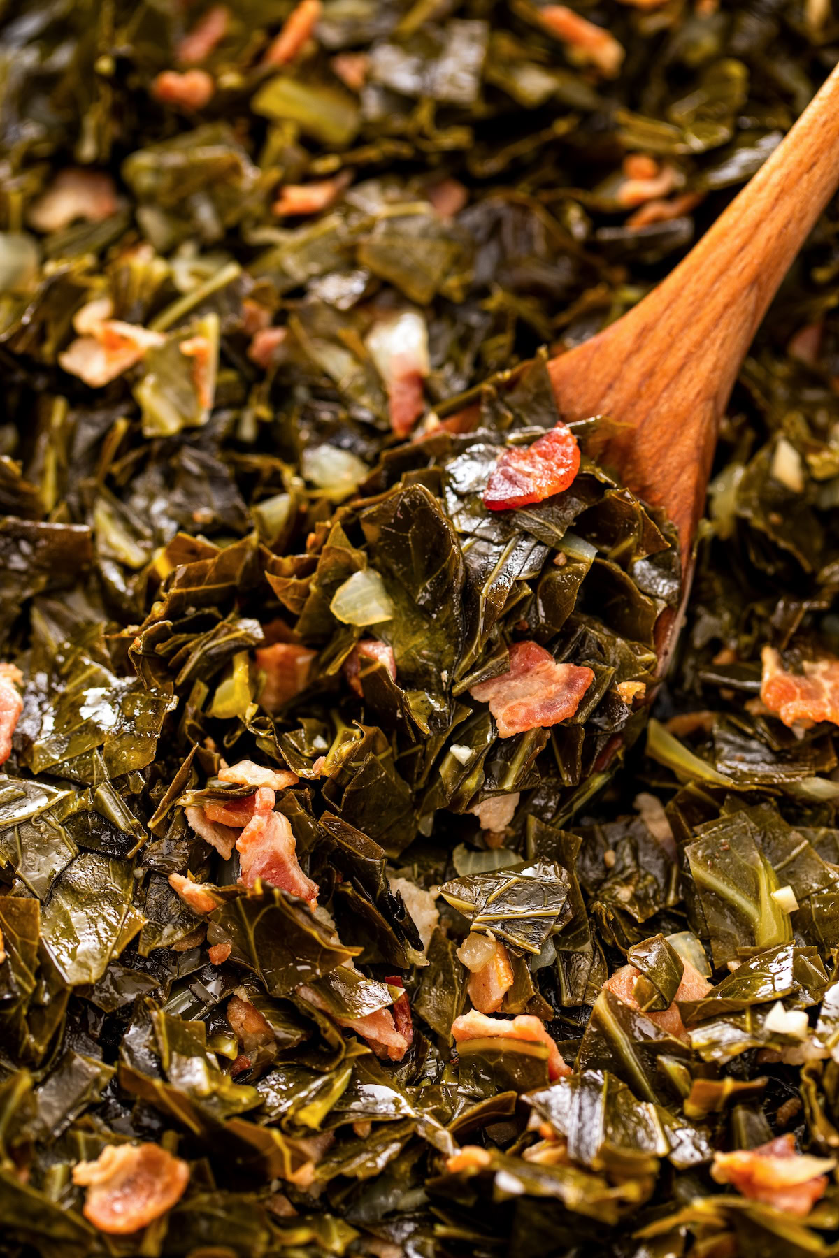 A serving spoon is dipping into a pot filled with cooked collard greens and bacon. 