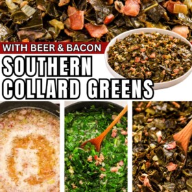 The process of making this veggie side dish is presented along with an image of collard greens and bacon in a bowl.