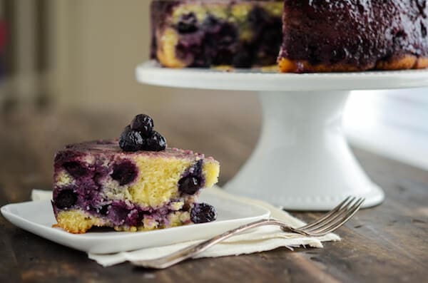 Blueberry Upside Down Cornmeal Cake via www.thenovicechefblog.com