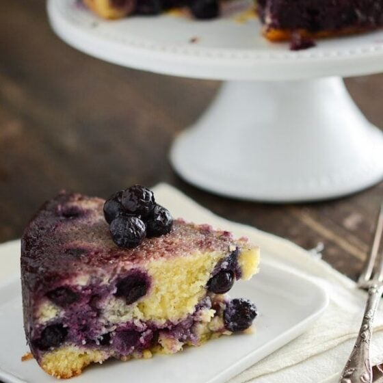 This slice of blueberry upside down cake is so moist and delicious.