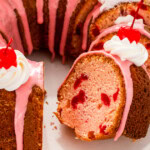 Landscape photo of cherry almond bundt cake.