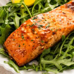 Landscape photo of balsamic salmon.