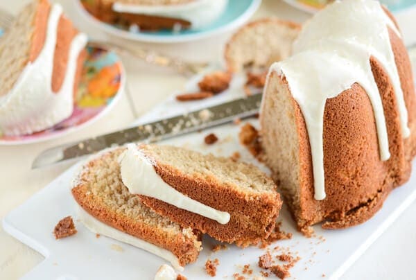 Sliced Sliced Spiced Buttermilk Pound Cake on white cutting board