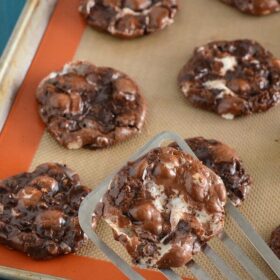 Flourless Chocolate Fudge Marshmallow Cookies on a cookie sheet