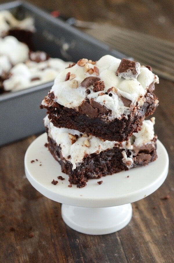 Stack of Rocky Road Marshmallows on a small white stand